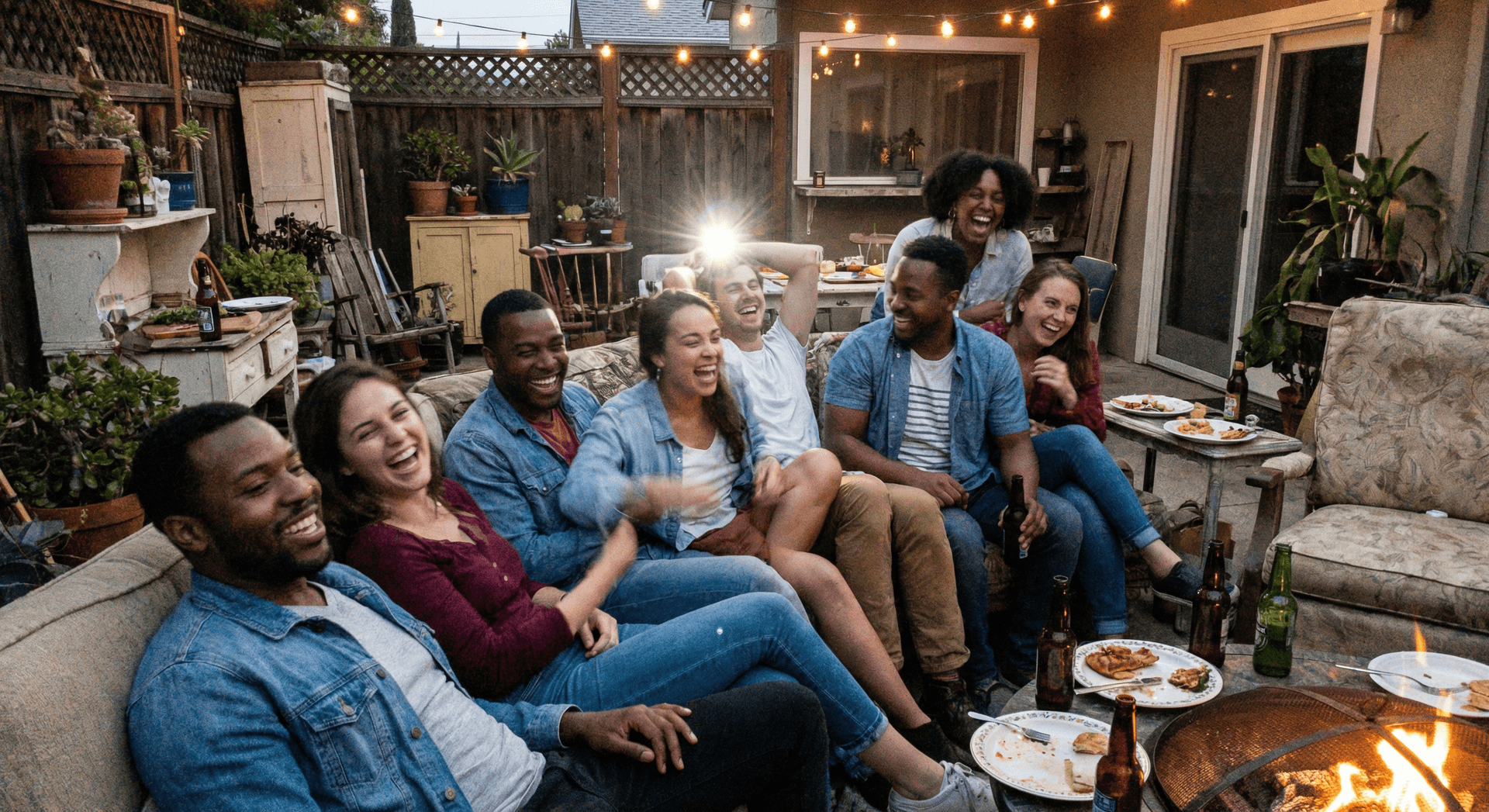 Friends laughing together on an outdoor patio